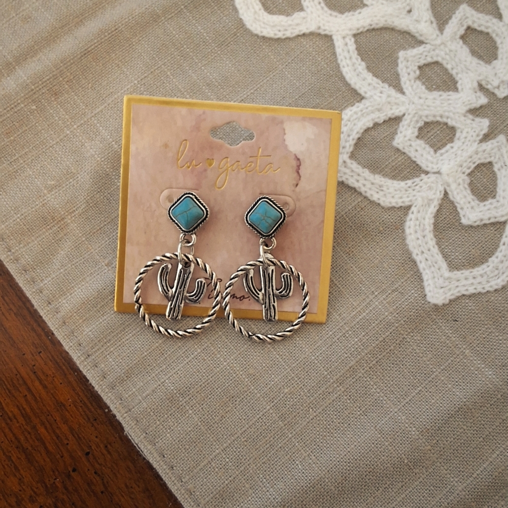 💥SALE💥LU Gaeta Cactus Turquoise Silver Dangle Earrings NEW